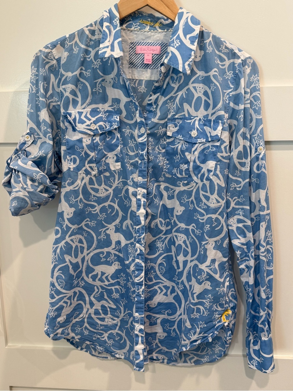 Lilly Pulitzer Shake It Up Blue Monkey Button Down Blouse Size M